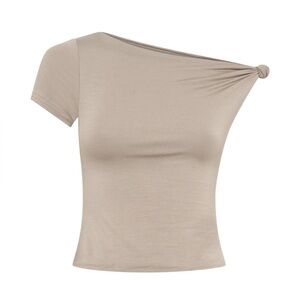 MESHKI Betty Short Sleeve Modal Top With Knot Shoulder - Tawny Grey NWT